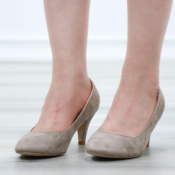 Taupe Faux Suede Pumps Rounded Toe Slip-On Kitten Low Heels - Picture 13 of 13